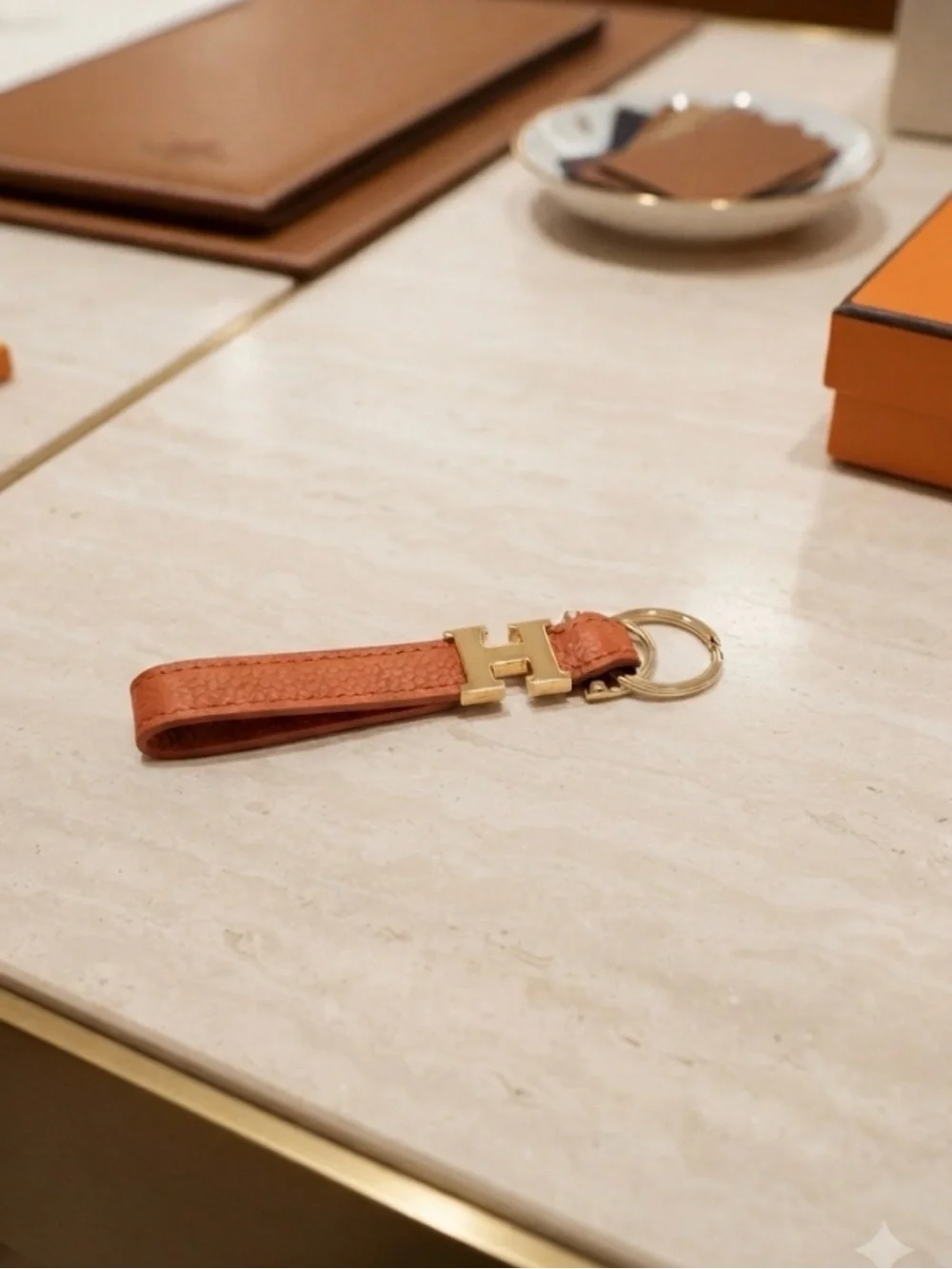 Leather Loop Key Holder with Gold Accent - Orange